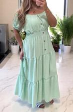 Women Elasticated Bardot Off Shoulder Button Magic Ladies Summer Long Maxi Dress