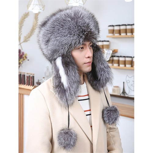 100% Real Fox Fur Hat Thicken Winter Warm Cap Ushanka Fashion Handsome for Men - Picture 9 of 9