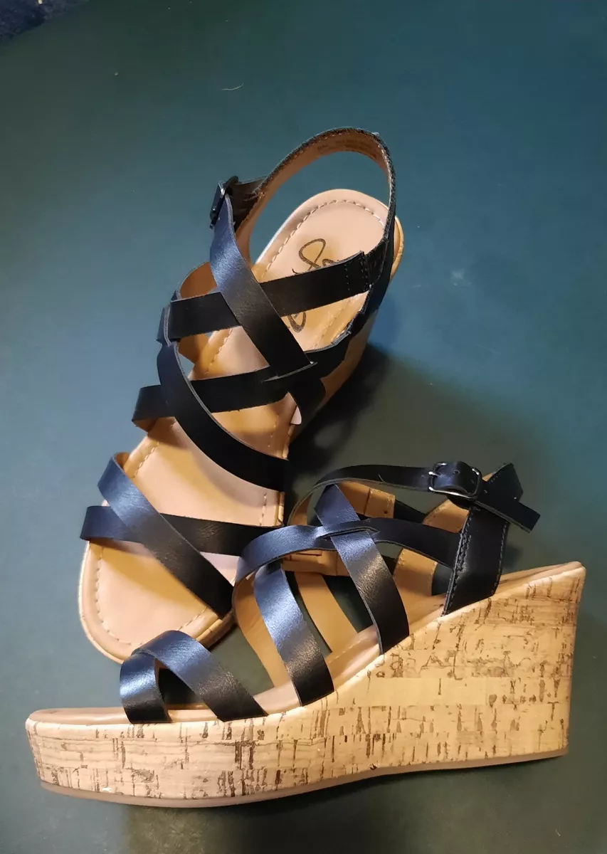 YNot Barrett Black Strappy Cork Wedge Platform Sandal Women s 9M