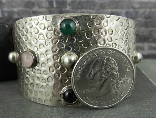 Brazalete Taxco México 925 Texturizado Plata de Ley 925 Multicolor Piedras Preciosas - Imagen 8 de 9