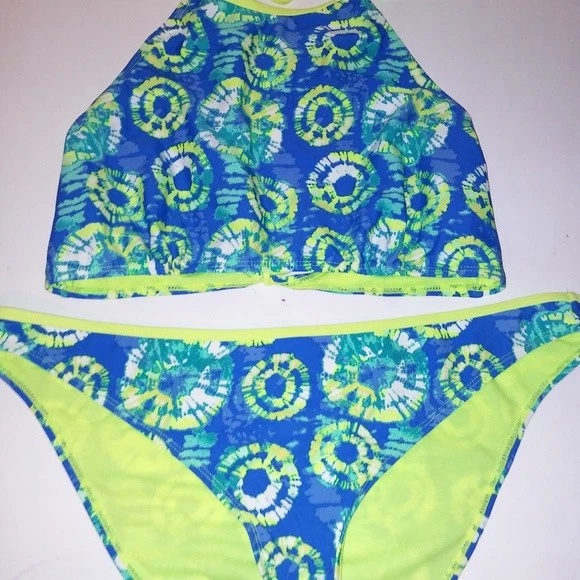 Conjunto de Biquíni Joe Boxer Top & Bottom Azul Amarelo Tie Dye Crop Novo - Imagem 2 de 3