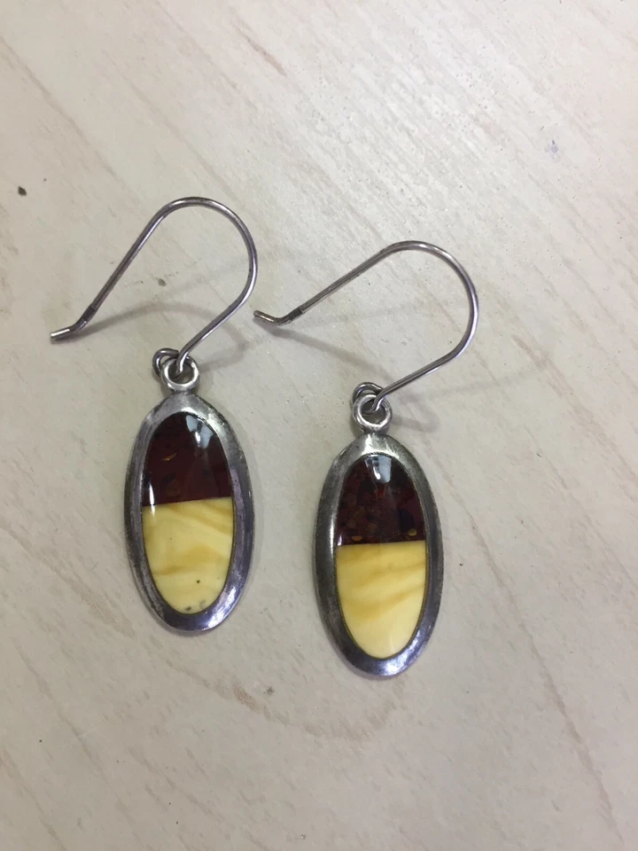 Vintage Artisan Handmade Sterling Silver 925 Long Oval Amber Hook Earrings 🌻 7g - image 2 of 4