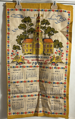 Vtg Calender Tea Towel 1976 Independence Hall Bicentennial grandmacore Folk Dish
