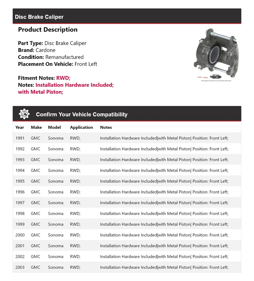 Pinza de freno de disco delantera izquierda cardone 1992 1993 para GMC Sonoma 1991-2003 tracción trasera Foto 2 de 4