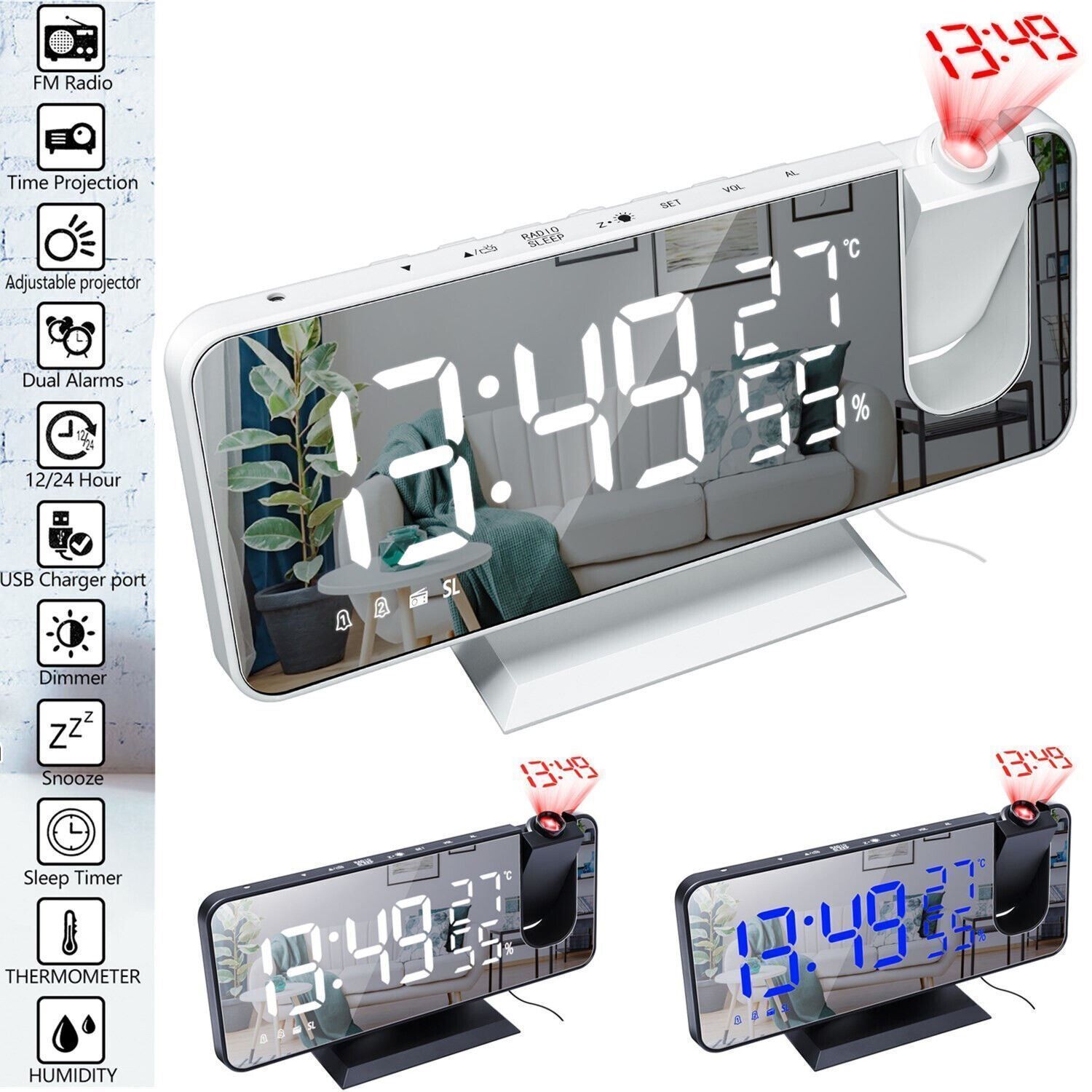 7.5" LED Digital Projector Projection Snooze Dual Alarm Clock FM Radio Timer USB