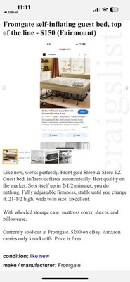 Frontgate EZ Bed Inflatable Twin Guest Bed Beige Auto Inflation Wheeled Case