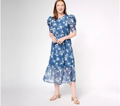 Destination 365 Reg Printed Chiffon Midi Dress-Indigo Floral-Medium-NEW-A614501