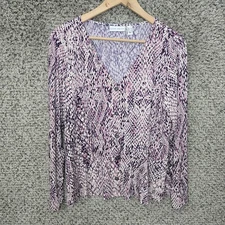 Susan Graver Top Womens Large Purple Liquid Knit Button Up Blouse Stretch Casual