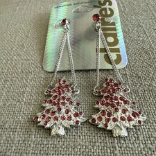Claire’s Silver Dangle Christmas Tree Pink Rhinestone Earrings New