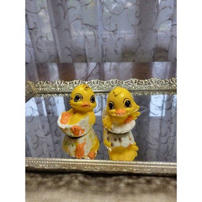 Vintage Chicks on Half Egg Shells, Easter Decor, Pair Baby Chickens Figurines