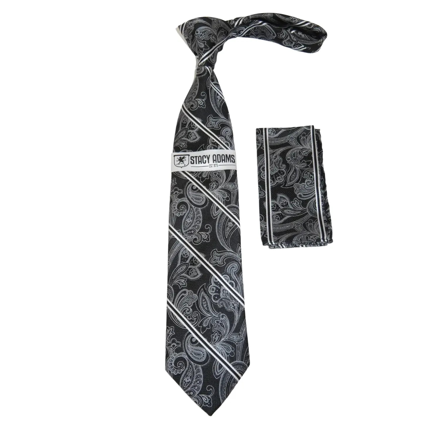 Mens Stacy Adams Tie and Hankie Set Fancy Woven Silky Satin SAT69 Black 6890₽