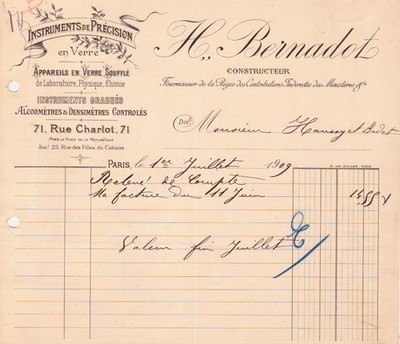 PARIS - RECHNUNG H. BERNADOT, PRÄZISIONSINSTRUMENTE AUS GLAS - 1909
