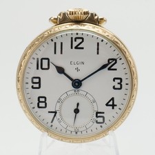 1947 Elgin Grade 573 Adj 5, 16S,17J Pocket Watch 10KGF Case Nice Dial Running