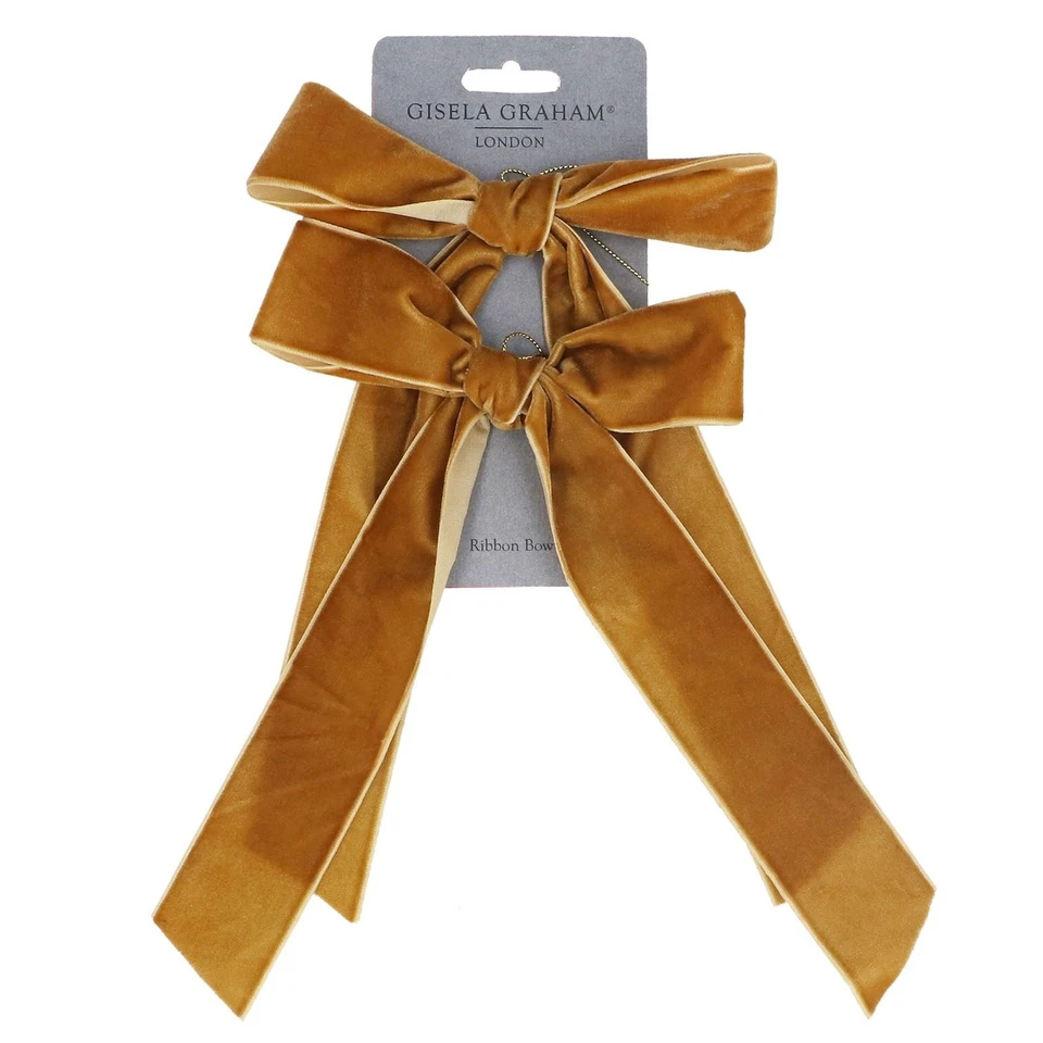 HEAVENLY HOMES AND GARDENS Pack 2 Gold Velvet Bows - Christmas Decorations, 14cm Gisela Graham