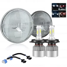 2x 7 Inch GLASS Round Headlight Housing + 2x H4 LED Bulb CLASSIC Conversion Kit
