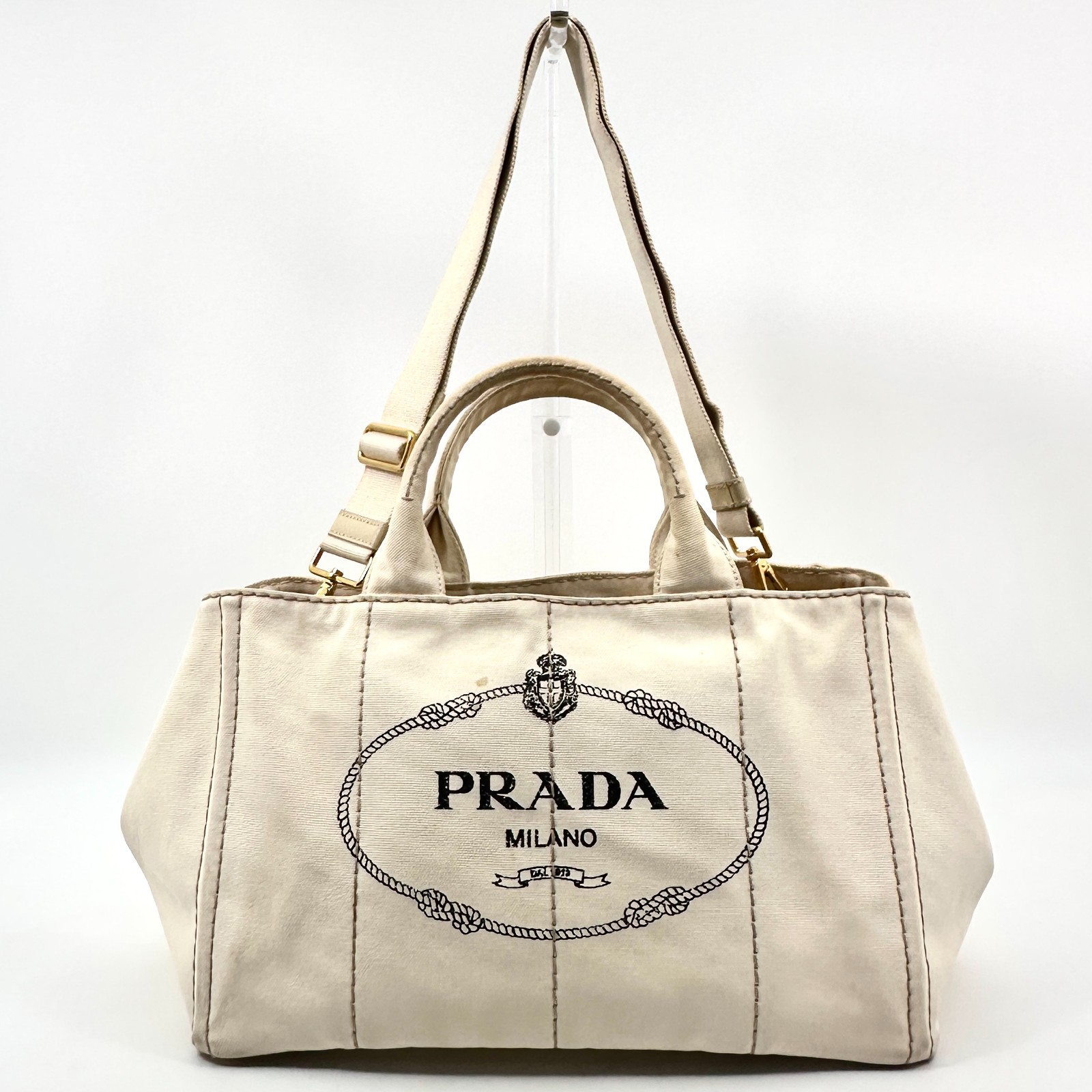 PRADA Canapa tote bag 2way Canvas Logo White Auth
