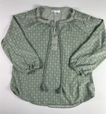 DR2 Women’s Large Green Top Peasant Tassel Bohemian Blouse 3/4 Sleeve