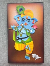 Modern Ganesha 3D Wall Art Multilayered Elephant with Flute & Mouse 15" x 9" EXC