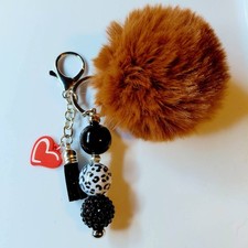 Brown Faux Fur Pom Pom Heart Charm Key Chain w/ Beaded Accents, Animal Print