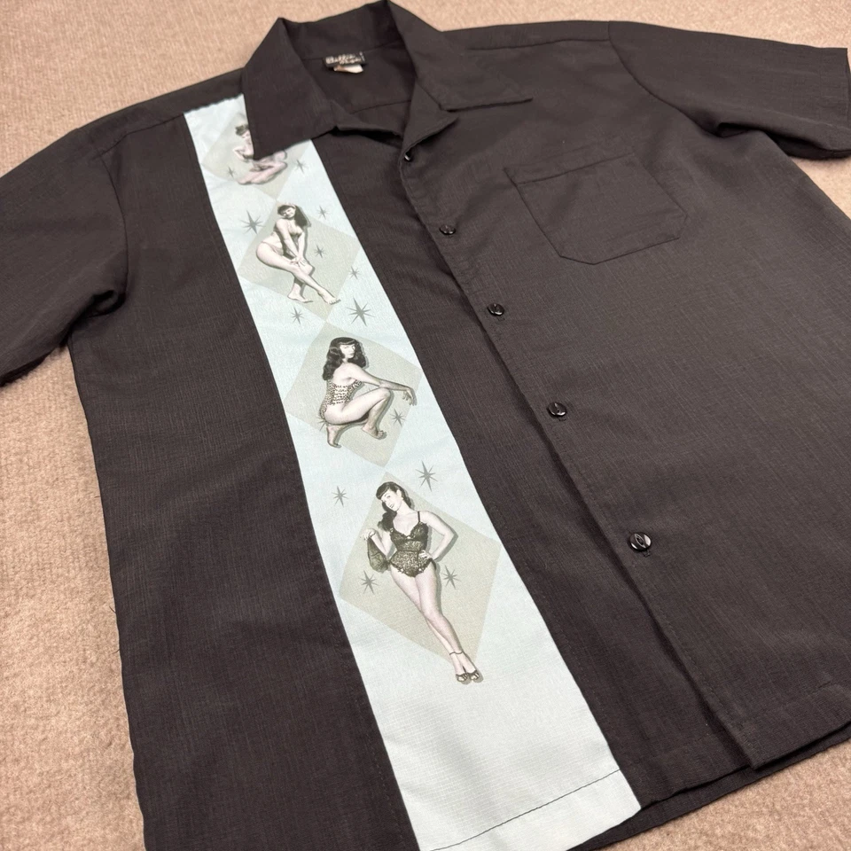 Camisa Bettie Page De Colección Para Hombre M Negra Icónica Años 70 Pinup Niña Informal Bolos Foto 3 de 4