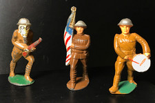3 Manoil Soldiers w/ Gas Mask Gun, Drum, US Flag, M93 M2 M13 - NICE