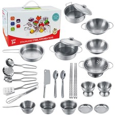 Tiny Classic Stainless Steel Kitchen Toys Child-size, Stainless-steel:24pcs