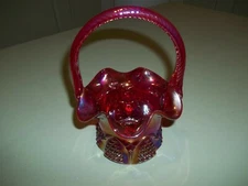Fenton Ruby Red CARNIVAL GLASS Round BASKET Iridescent Ruffle Rim ORIGINAL Form