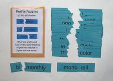 Teacher Made Literacy Center Resource Game Prefix Puzzles bi, tri, uni, mono