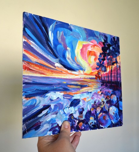 Original Sunset Seascape Acrylic Painting 10x12 Signed OOAK Wall Art Gift - Picture 5 of 6