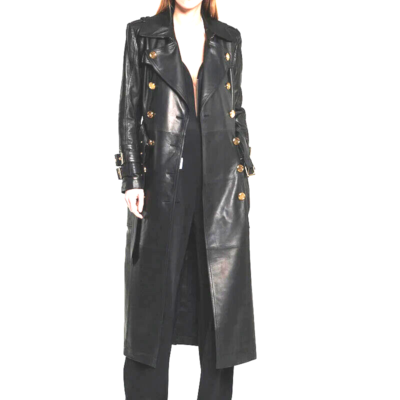 Women's Genuine Lambskin Leather Trench Coat Long Black Button