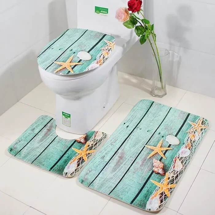 Tapis de salle de bain WC 3 pièces tapis de bain coquillages mer ensemble complet