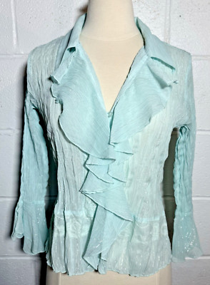 Jaipur Top Button Up Women's Long Sleeve Ruffled Light Blue Silver Threads Small
