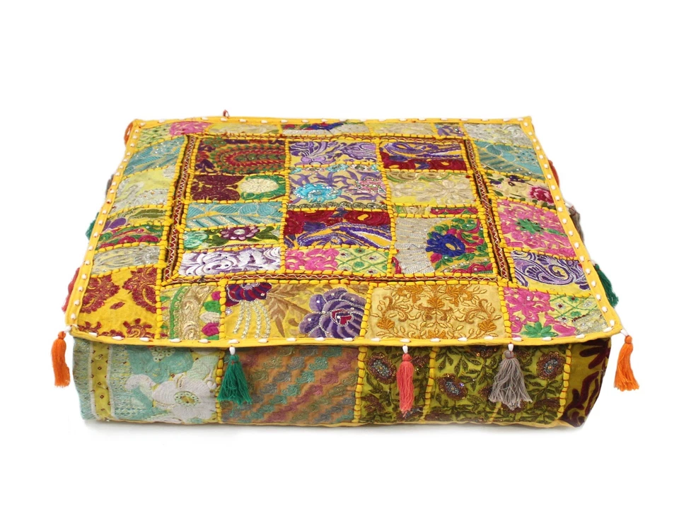 Yellow Patchwork Square Floor Pillow Bohemian Decorative Pillow Vintage Cover AU - Image 2 of 4