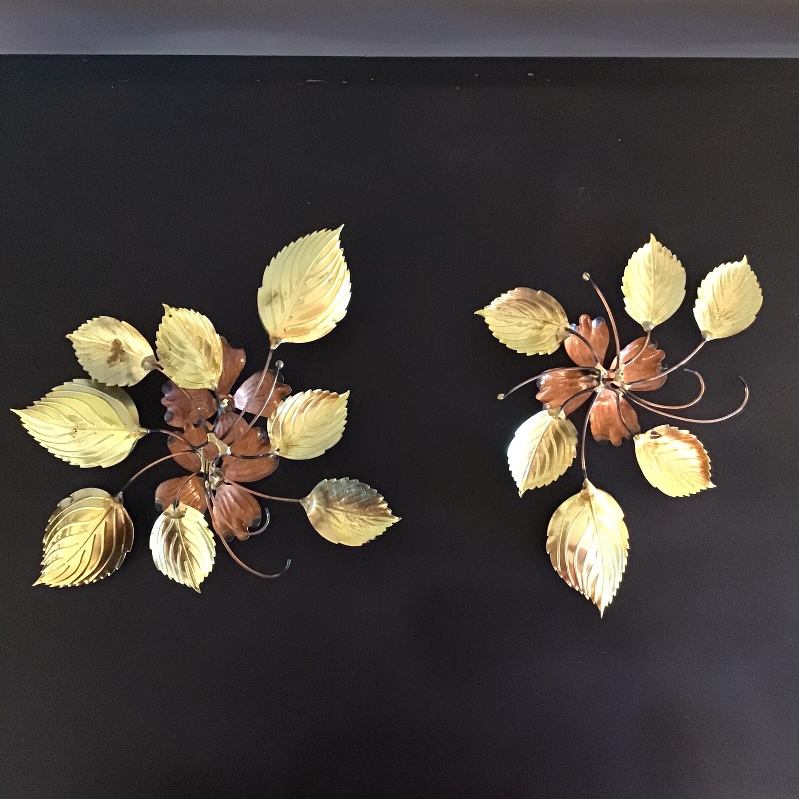 Vtg Floral Brass Copper Wall Decor Metal Art Dogwood Flowers Leaves MCM 2 Pieces