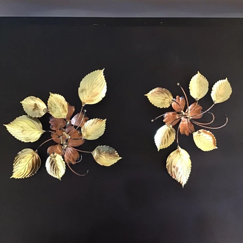 Vtg Floral Brass Copper Wall Decor Metal Art Dogwood Flowers Leaves MCM 2 Pieces