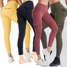 Womens High Waist Yoga Pants Tummy Control Workout Running Cargo Pocket Leggings