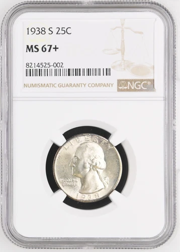 1938 S Washington Quarter NGC MS67+ Die Crack Obverse