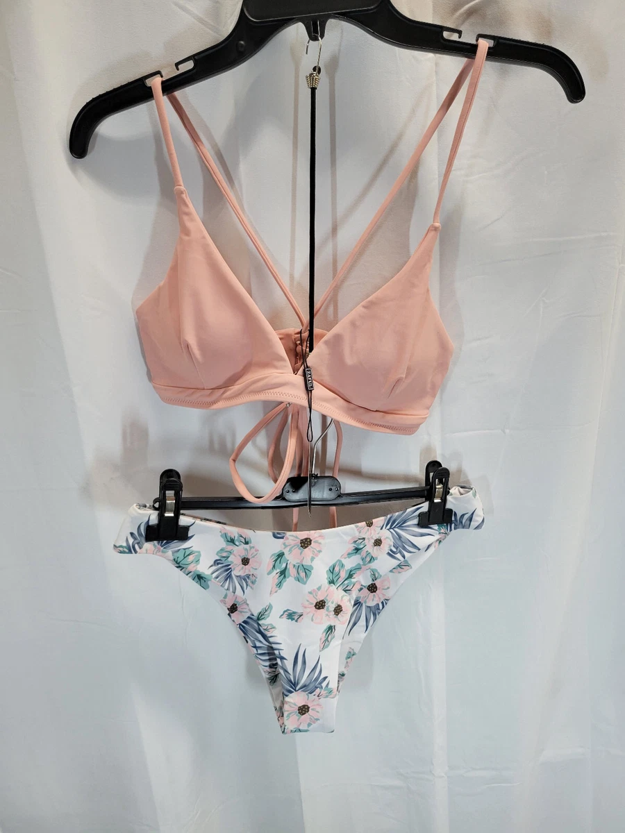 Zaful Pink Floral Mismatched Lace Up Bikini Two Piece Swimsuit