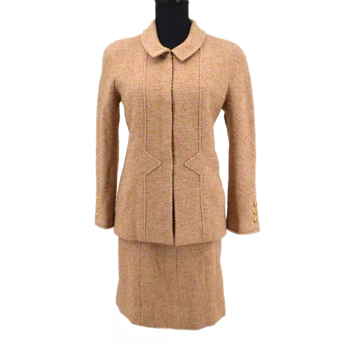 CHANEL 96A #40 CC Tweed Setup Suit Jacket Skirt Pink Beige 15072