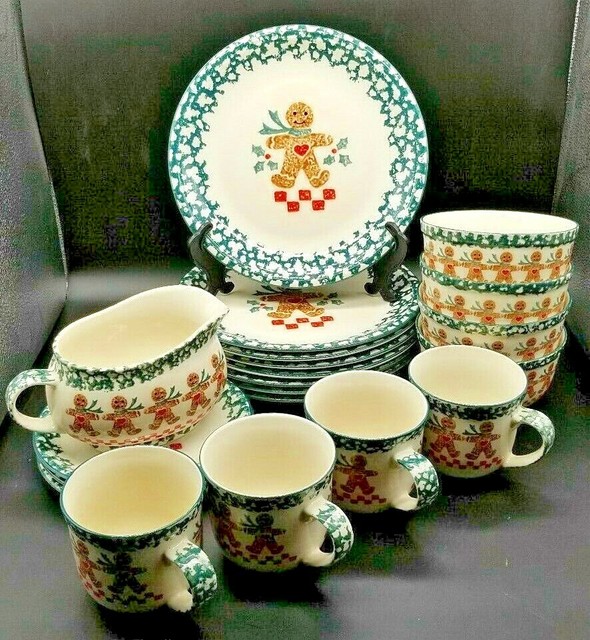 SET OF 4 TIENSHAN FOLK CRAFT GINGERBREAD MAN STONEWARE DINNER PLATES