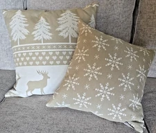 Pod Christmas Winter Throw Pillows Duck Feathers Tan Neutral Reindeer Snowflakes