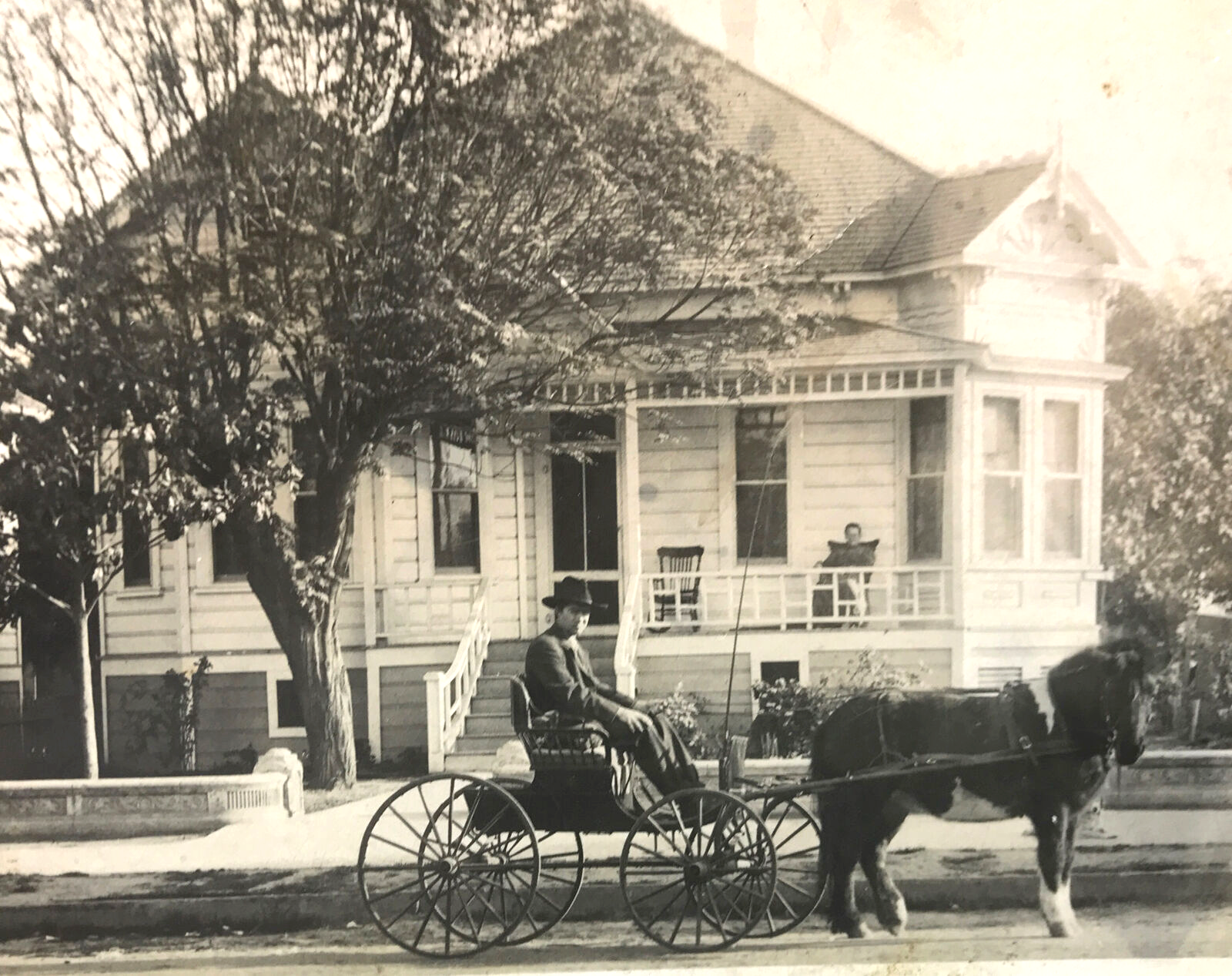 Foto RPPC cavallo pony disegnato buggy uomo cappello homburg casa veranda Id’d Andrew #57