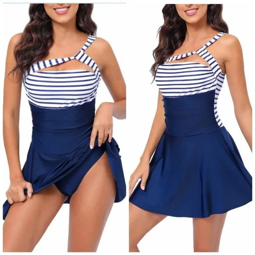Firzero Navy Blue Striped One Shoulder Sexy Swimsuit Swim Dress Women Large NWOT - Picture 3 of 11
