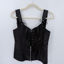 Charmian Black Faux Leather Lace Up Corset Top Zipper Front XL Goth Punk Bustier