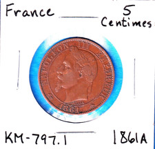 1861A France 5 Centimes (KM-797.1) Bronze [Paris Mint]  eagle