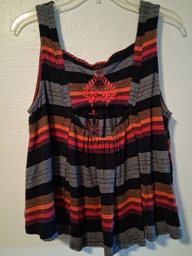 FREE PEOPLE Boho Striped Multicolor Embroidered Crop Top Swing Tank Women Sz M - Picture 5 of 12