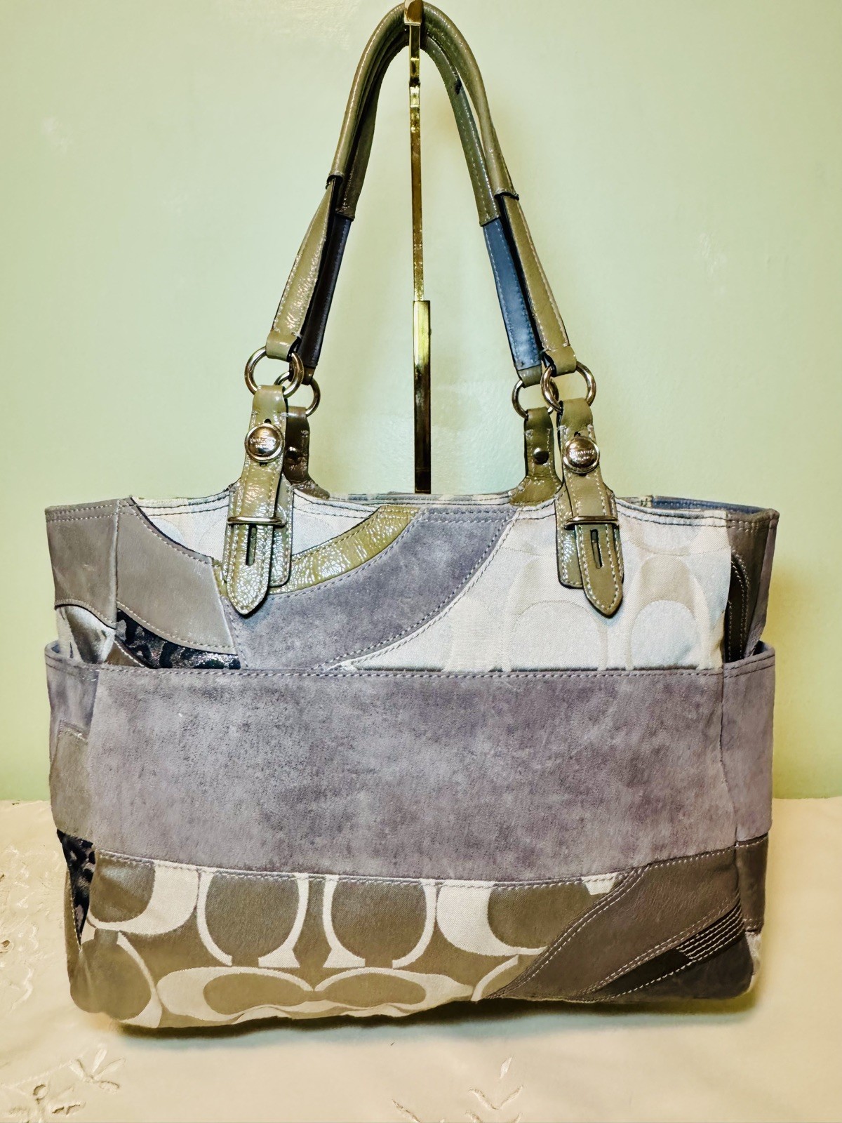 Coach Gray Pieced Patchwork Leather Suede Shoulde… - image 2