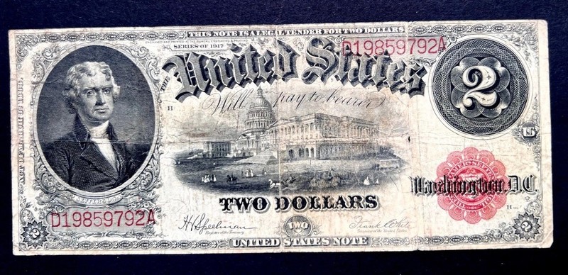 1917 $2 Dollar Large Size Legal Tender Banknote Sawhorse Note Auction