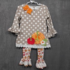 Rare Editions Girls 2PC Outfit Set Pumpkin Polka Dot Lace 4 Tan Orange
