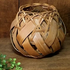 Vtg. Planter Basket Woven Palm & Wicker Kitscy Boho Style 6.5" Tall Handmade